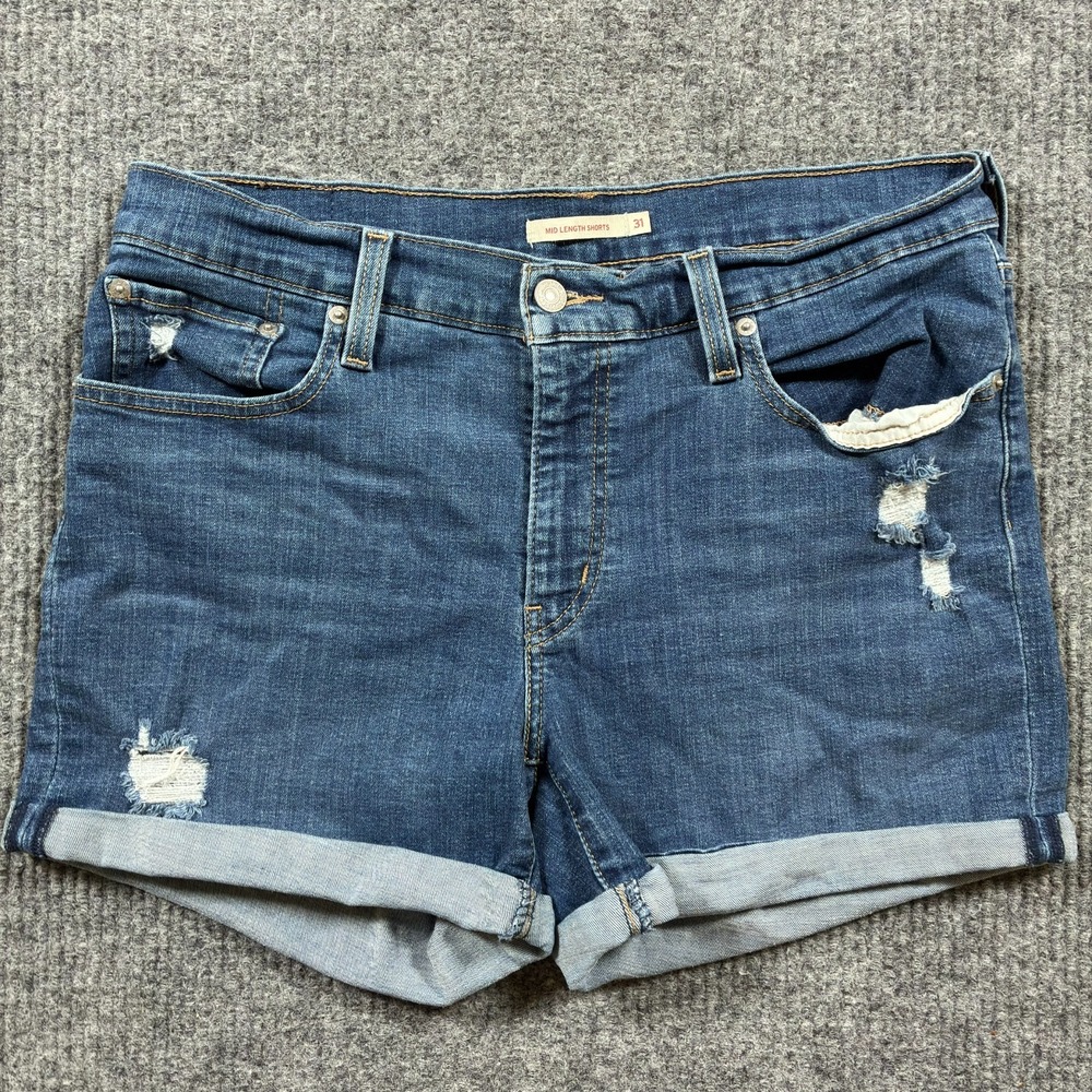 Levi's Womens Mid Length Shorts Size 31 Blue Denim Distressed Cuffed Casual